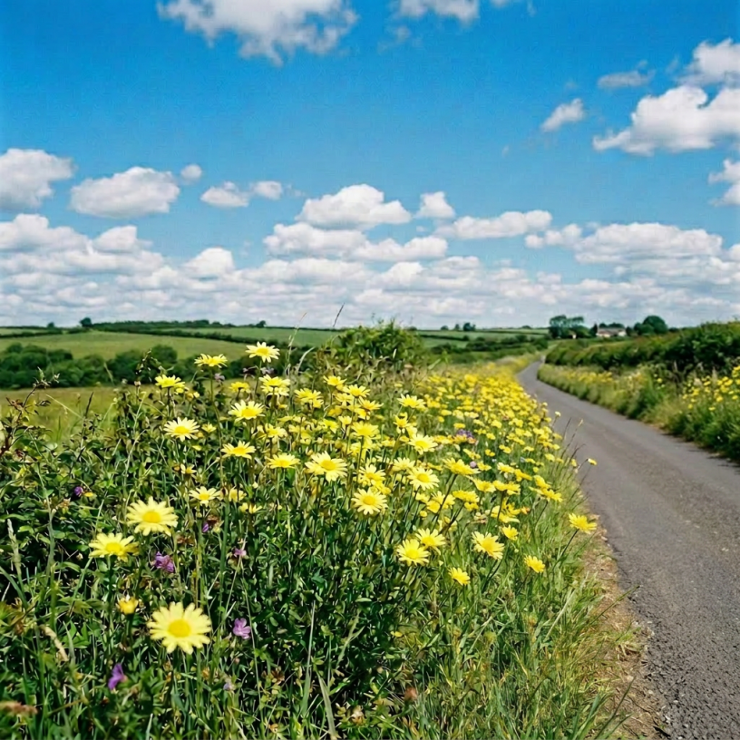Yellow wildflowers and green plants beside a curving country road under a partly cloudy blue sky